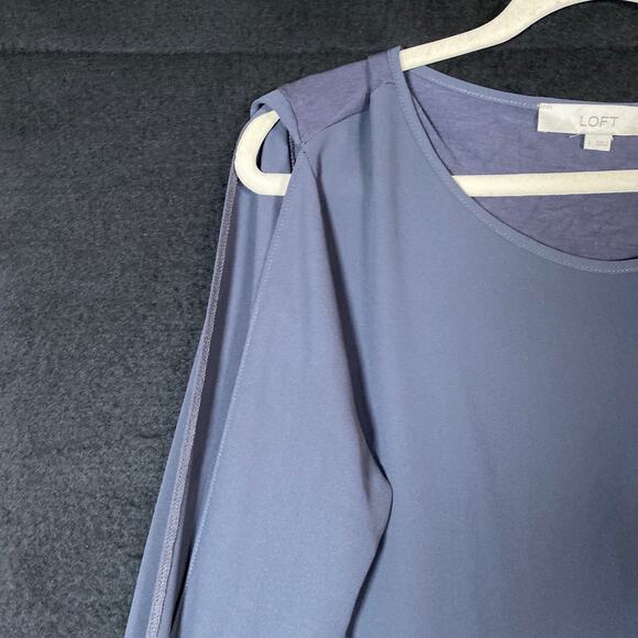 Loft Women Blouse Purple Gray Cold Shoulder Crew Neck Tie Bell Sleeve Large - Picture 4 of 14